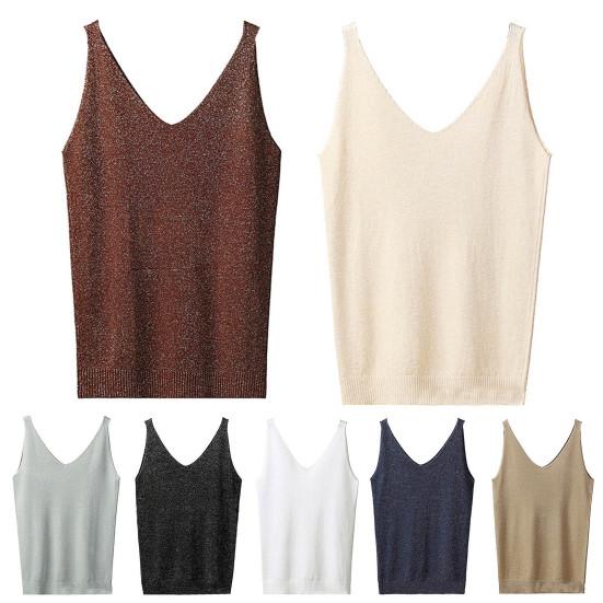 Top Estivi da Donna a Bretelle Scollo a V Senza Maniche Vestibilità Ampia Pullover Top Seta Lucida Brillante Tinta Unita Parte Inferiore Streetwear