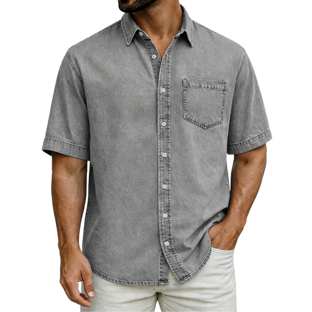 Men's Casual Loose Button-Down Collar Short-Sleeve Denim Shirt