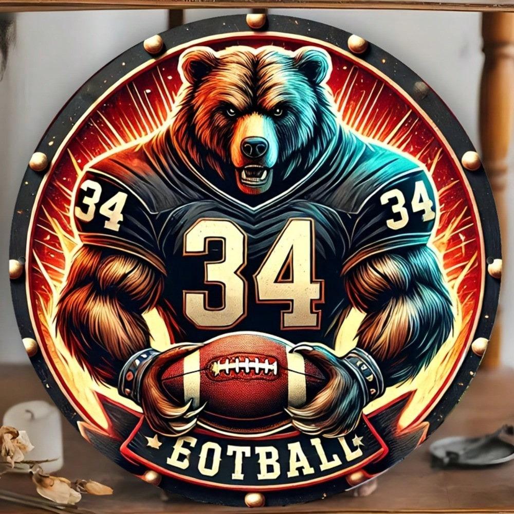 Football Bear Metal Wall Sign Sports Bar Garage Decor Men Gift Tin Plaque