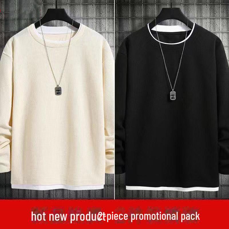 Unisex Fake Two-Piece Waffle Long-Sleeve Sweatshirt - Loose Round Neck, Solid Color, Large Size for Spring & Autumn