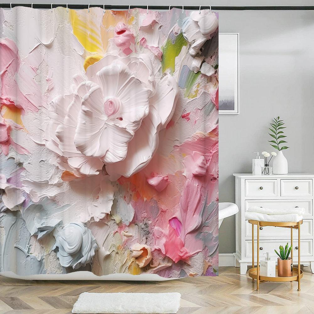 Oil Painting Flowers Floral Shower Curtain Bathroom Curtain Living Room Decor Polyester Fabric Waterproof Curtain With Hooks W90xH180cm
