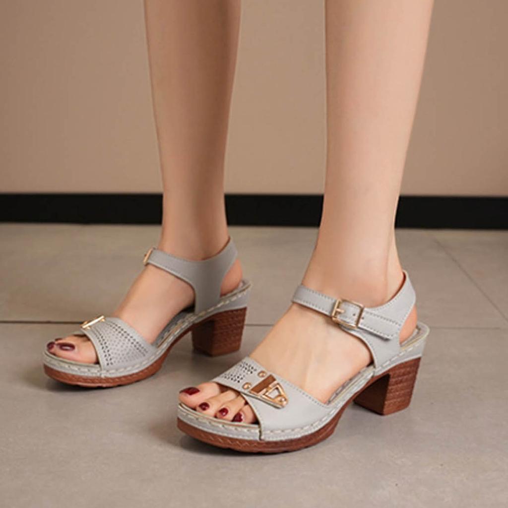 Chunky Heel Slippers For Women Artificial Leather One Line Buckle Solid Comfort Casual Wedge Heel Sandals Versatile Shallow Mouth Shoes