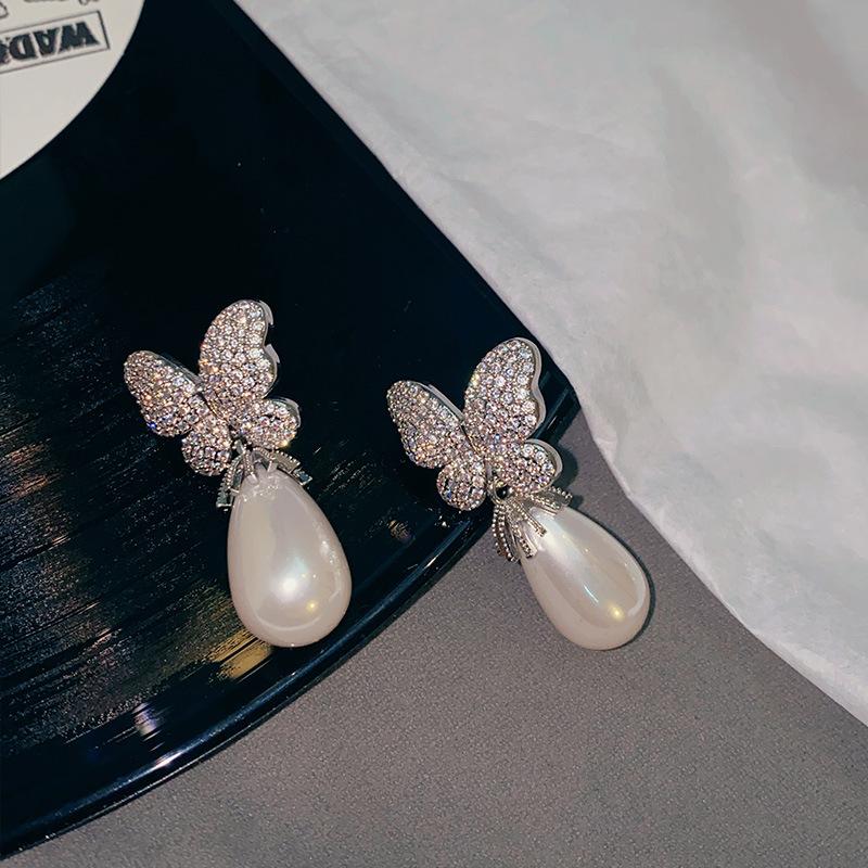 

Длинные простые барочные жемчужины с бабочкой и бриллиантами, ювелирные изделия высокого класса серебряный