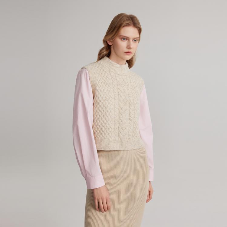 ELLE French Design Sleeveless Soft Round Neck Pullover Knit Vest Women tops Beige L7WZT113