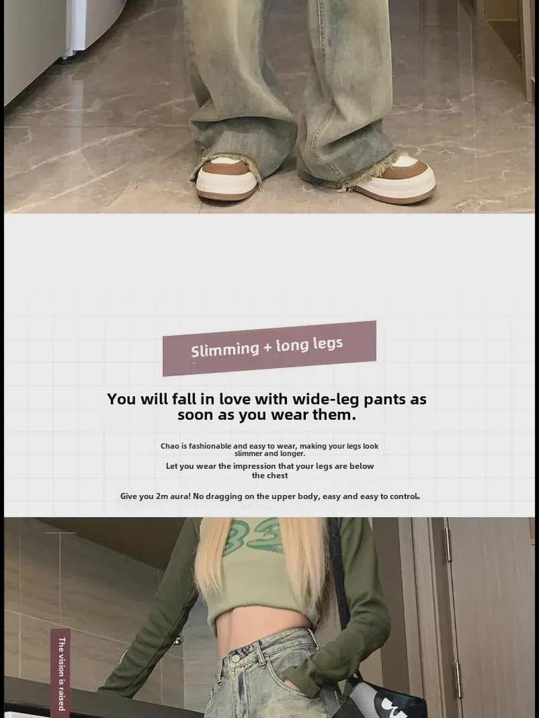 Damskie dżinsy retro z wysokim stanem, szerokimi nogawkami w amerykańskim stylu, z efektem postarzenia - mały rozmiar, luźny prosty krój, surowe wykończenie, idealne na jesień.