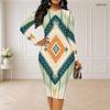 Women Plus Size Round Neck Long Sleeve Geometric Printed Bodycon Midi Dress