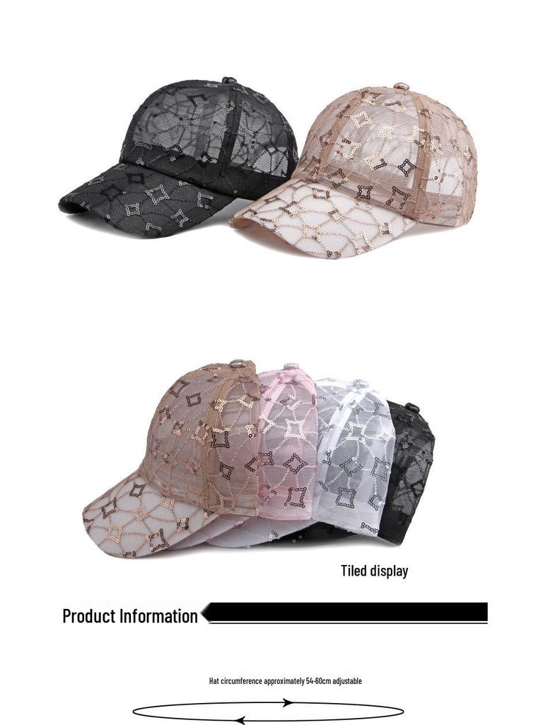Koreańska Letnia Czapka Baseballowa z Siatki z Cekinami dla Kobiet - Oddychająca Czapka z Daszkiem