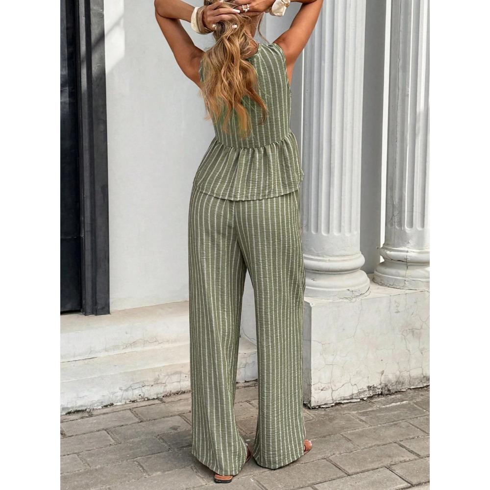 Ensemble 2 pièces élégant : Haut rayé sans manches à encolure en V et Pantalon large taille haute, Tenue décontractée d'été pour les vacances