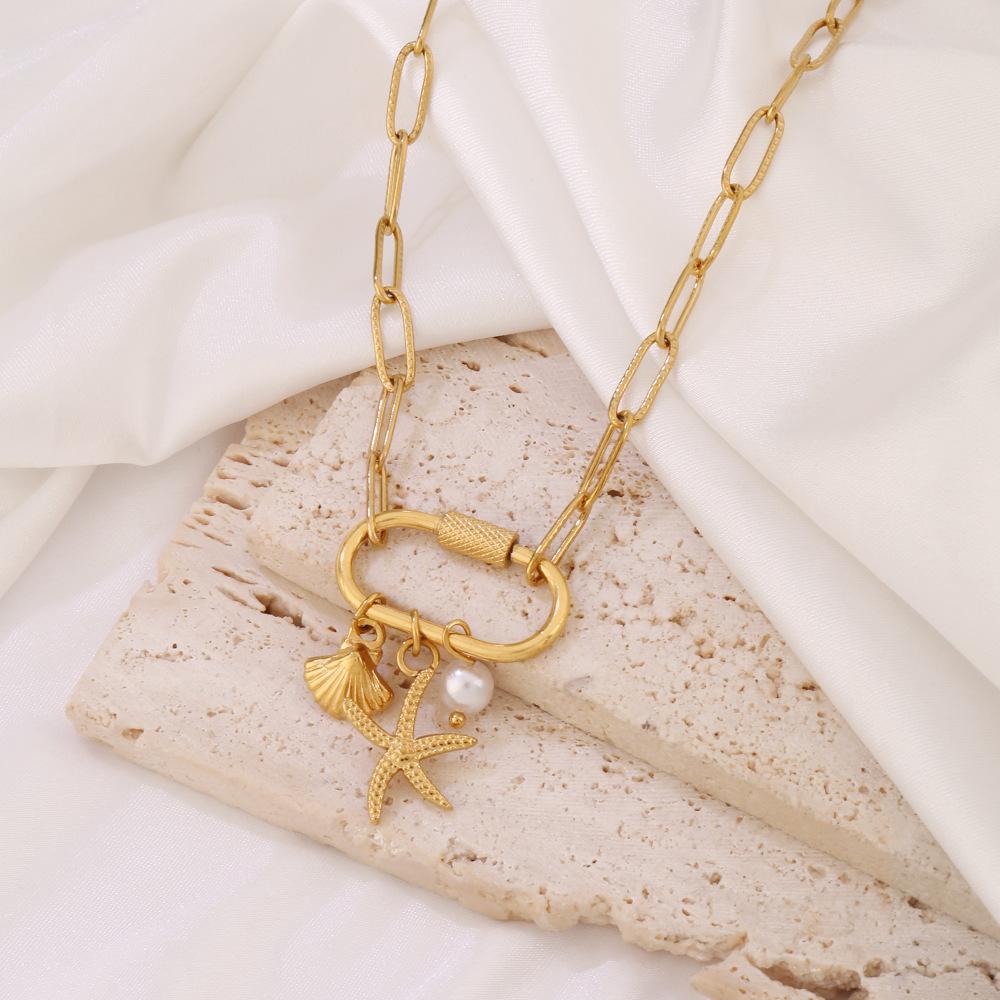 Paperclip Charm Necklace for Women, Gold Chunky Charm Necklaces Starfish Seashell Jewelry Charms Boho Gift Minimalism Metallic Style