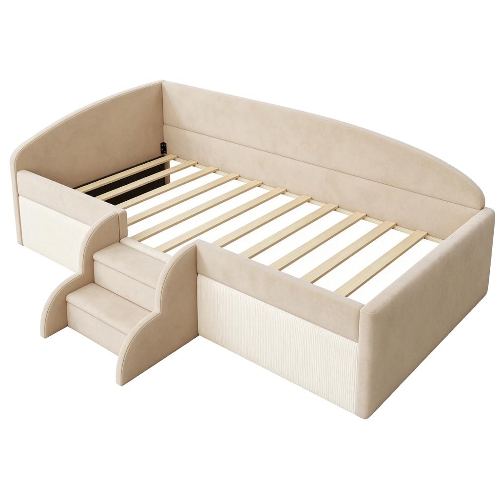 Cama Estofada Cama Infantil 90*190cm, Cama Multifuncional, Com Degraus e Grades de Proteção, Tecido de Veludo Amigo da Pele, sem Colchão Bege