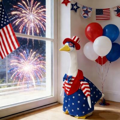 1 Set Independence Day Goose Outfit Outdoor Porch Goose Costumes Patriotic Stars And Stripes Jacket Hat Set for 23 Inch Goose Statue Memorial Day