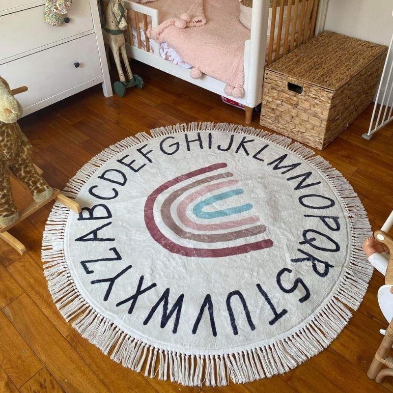 Round Fluffy Carpet For Living Room With Tassels,White Hairy Nursery Play Mat For Children,Soft Plush Bedroom Rugs For Kids