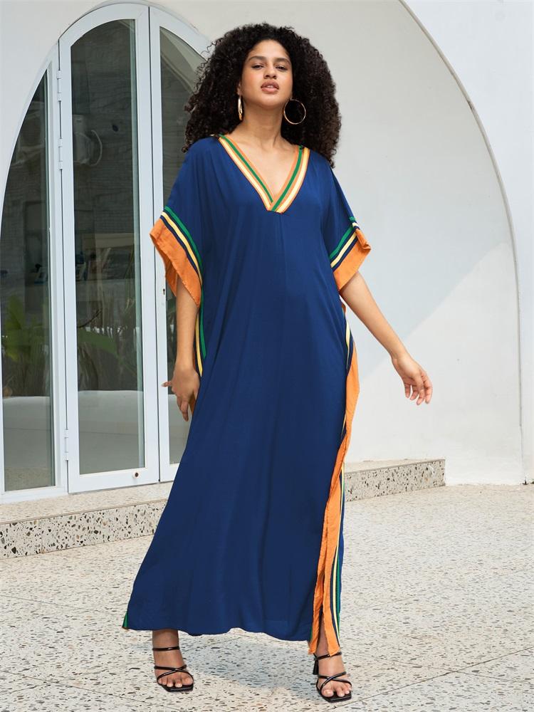 EDOLYNSA Chic V-neck Plus Size Kaftan Long Beach Dress 2024 Women Summer Holiday Beachwear Swimsuit Cover Up Loose Cozy House Robe Q1615