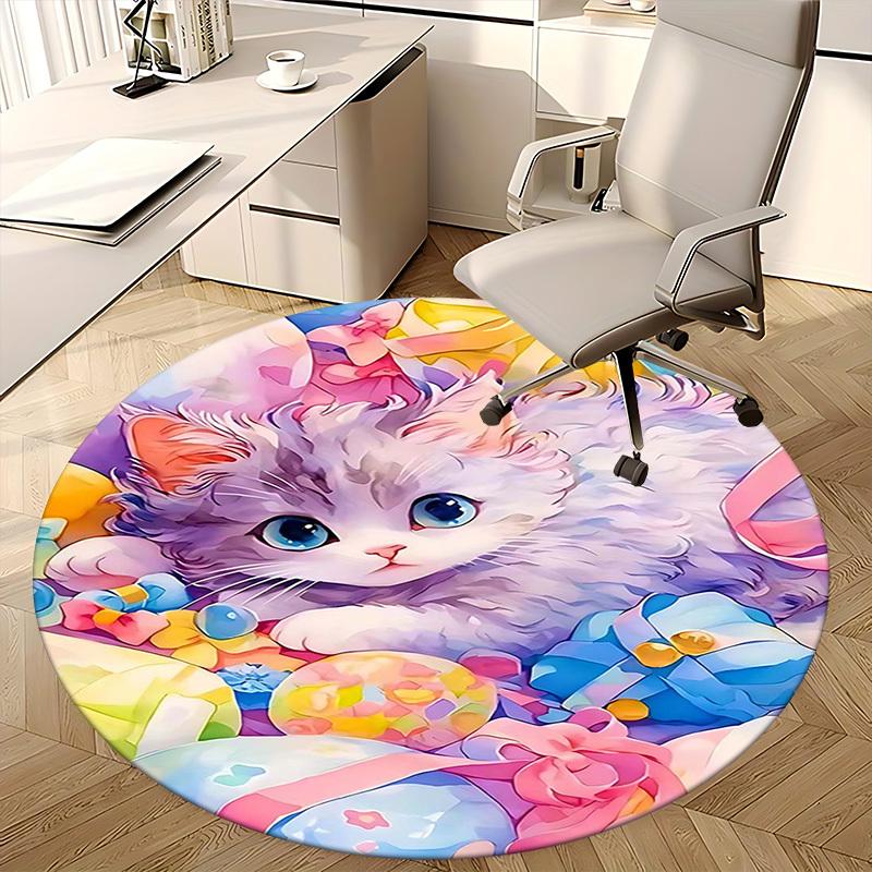 1pc Anime Design Round Carpet Cute Kitten with Colorful Flowers Chair Mat for Office, Home Decor, Living Room, Bedroom, Game Room, Non Slip Rug
