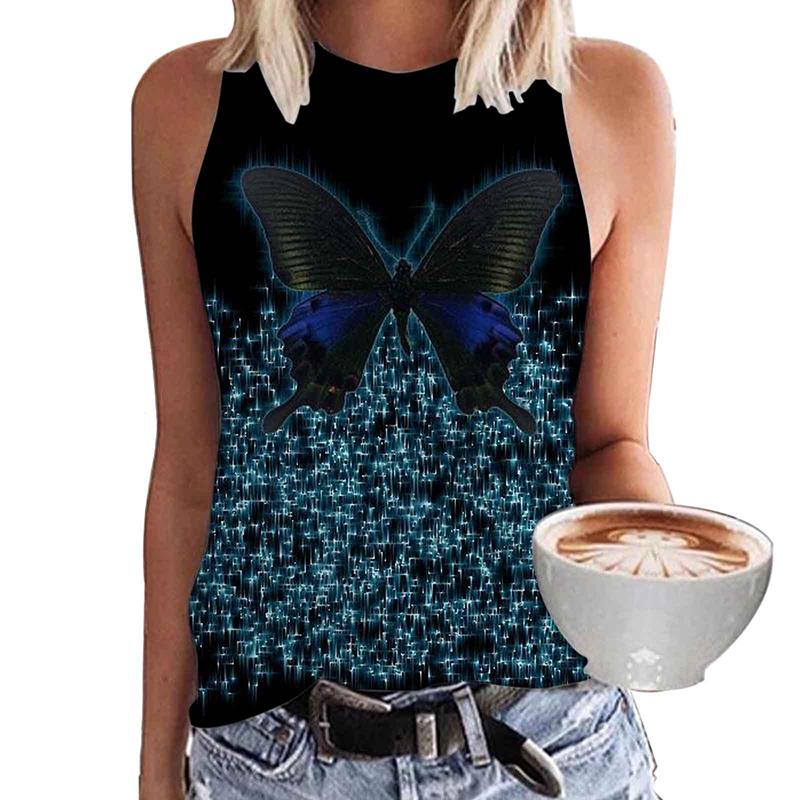 Women's Butterfly 3D Printed Sleeveless T-shirt, Y2K Top, Oversized Round Neck Vest, Off Shoulder, Girls' Sleeveless T-shirt, Summer