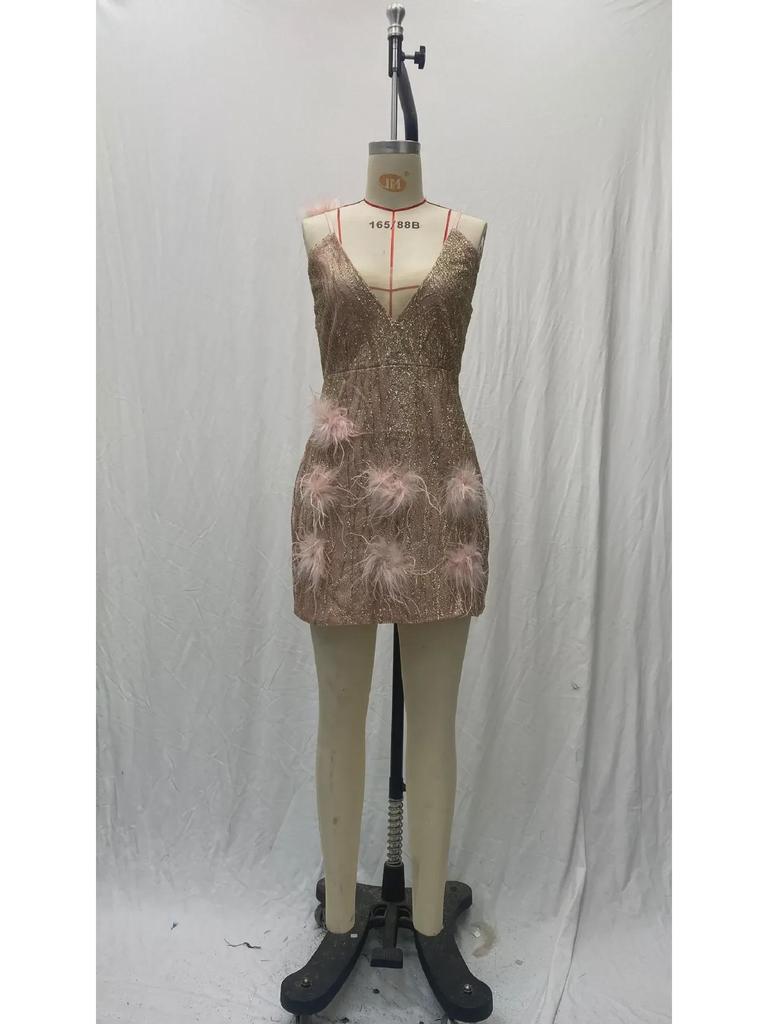 2025 European & American Women's Feather Suspender Dress - Deep V Neck, Sexy Nightclub Party Style
