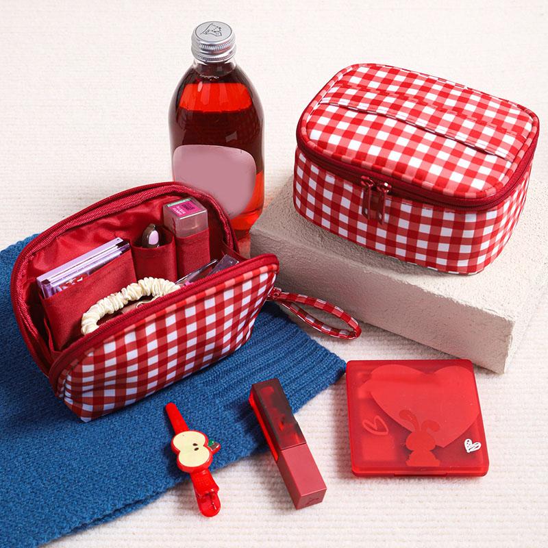 Cute Red Purple Plaid Handbag Zipper Travel Portable Cushion Case & Makeup Pouch Small Large Toiletry Cosmetic Bag for Women