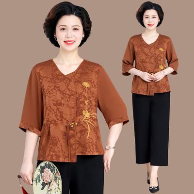 2026 Chic Blouse met Halve Mouwen en Broek Set voor Vrouwen van Middelbare Leeftijd en Ouder - Nieuwe Chinese Stijl Zomerkleding