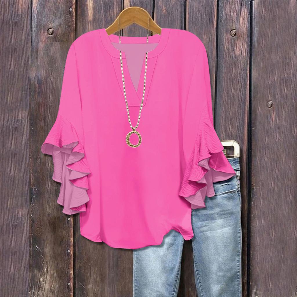 3/4 Sleeve Shirts For Women Cute Print Graphic Tees Blouses Casual Plus Size Basic Ruffled Sleeve Tops Pullover