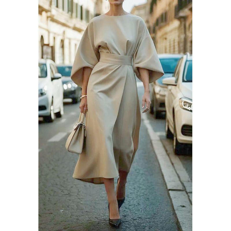 2025 Women clothes European and American Fashion Temperament Solid Waist Hugging Dress Casual Batwing Sleeve DRESS Women