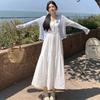 2026 French Summer White Dress & Spaghetti Strap with Knit Sun Protection Cardigan Set