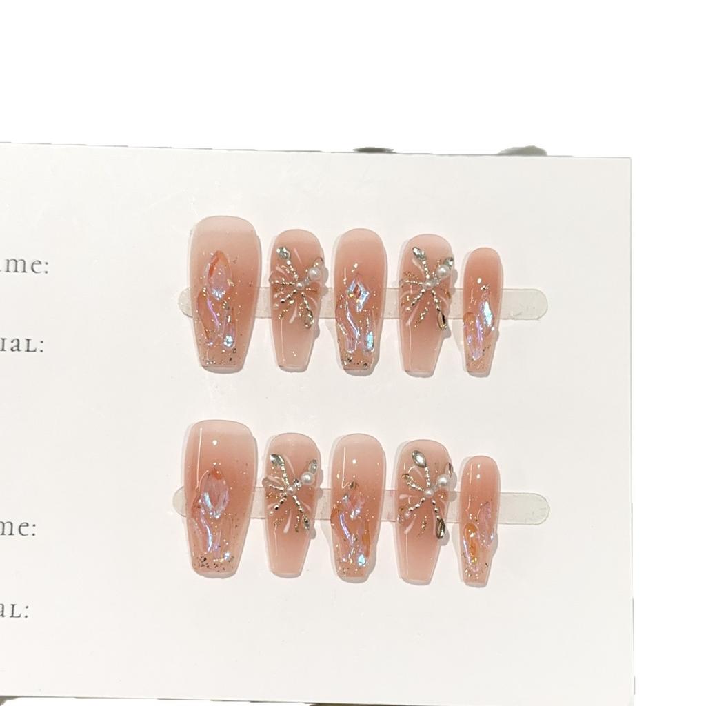 Pure‑Handmade Finished Press‑On Nails Pink‑Blush Firework‑Style Light‑Luxury Rhinestone Sparkling False Nail Patches