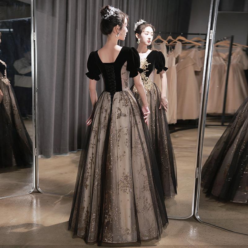 Black Evening Dress Light Luxury Niche Annual Meeting French Hepburn Style Princess Dress Host Adult Art Examination Chorus Performance Dress