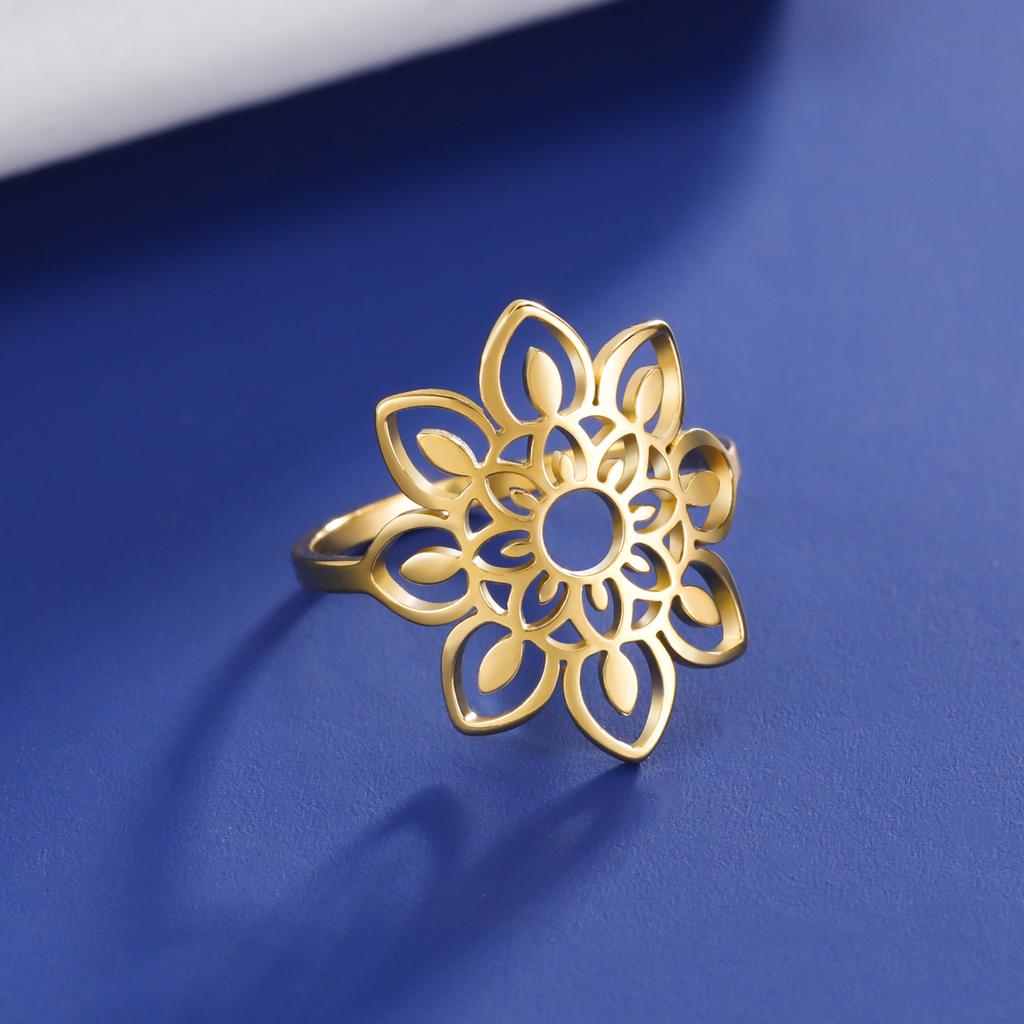 Teamer Buddhist Mandala Lotus Flower Ring Elegant Stainless Steel Gold Color Finger Ring for Women Spiritual Healing Jewelry