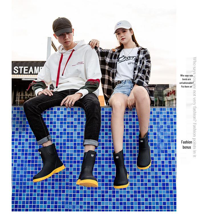 Unisex Mid-Calf Waterproof Rain Boots: Non-Slip, Wear-Resistant Rubber Shoes for Outdoor, Kitchen, Car Wash & Sports. Pull-On Style.