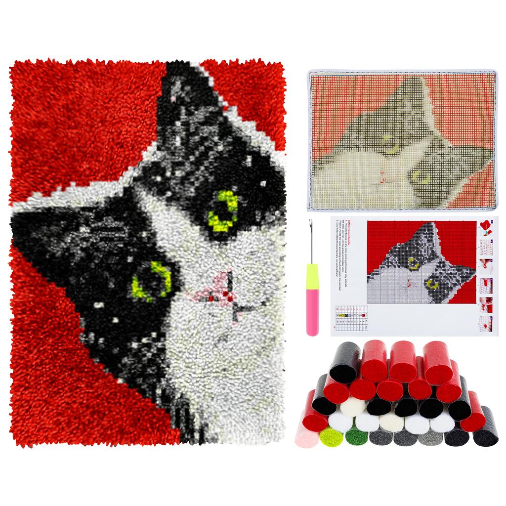 Cute Cat Style Latch Hook Rug Kit Beginners Starter DIY Pre Printed Bright Color Latch Carpet Making Tool Kit with Instructions