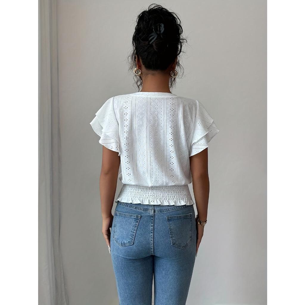 Damen Unifarben Lässig Ausgeschnitten Spitze Ärmel Rundhals Kurzarm T-Shirt, Europäischer Amerikanischer Stil Frühling Sommer Oberteil
