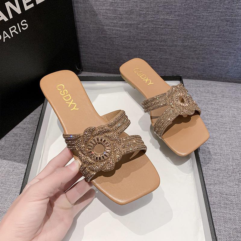 Women's 2024 New Cross-border Foreign Trade Large-size Women's Rhinestone Flat-bottomed Cool Slippers