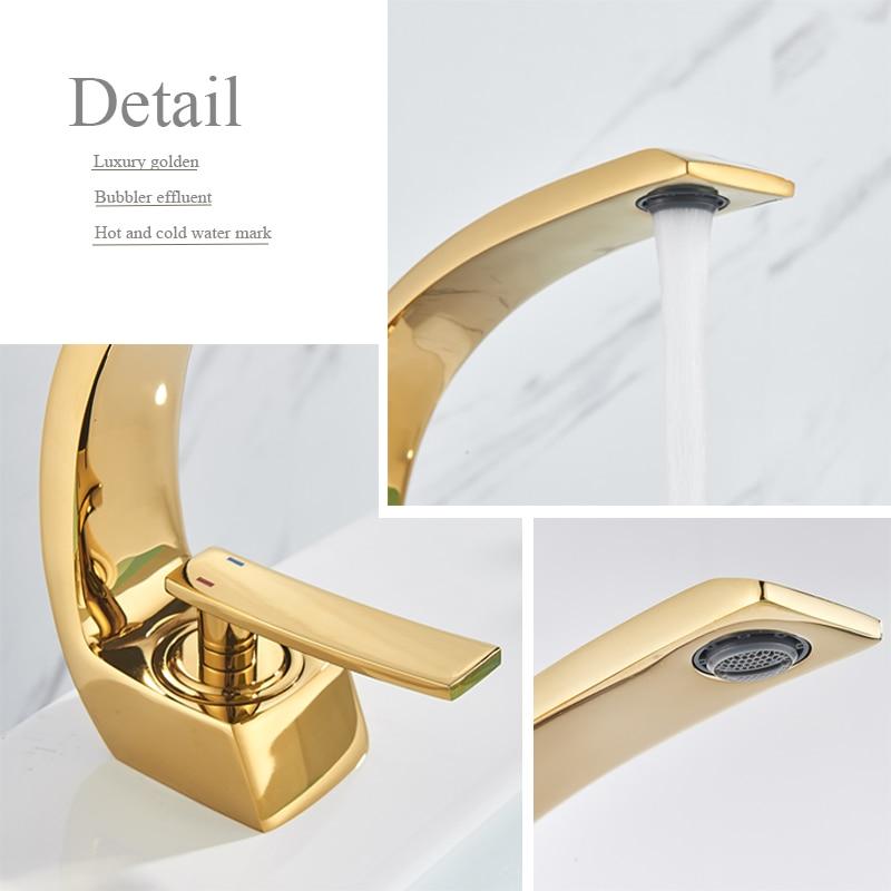 Golden Polished Bathroom Vanity Faucet Single Handle Hot and Cold Water Mixier Sink Faucet Deck Mount Crane