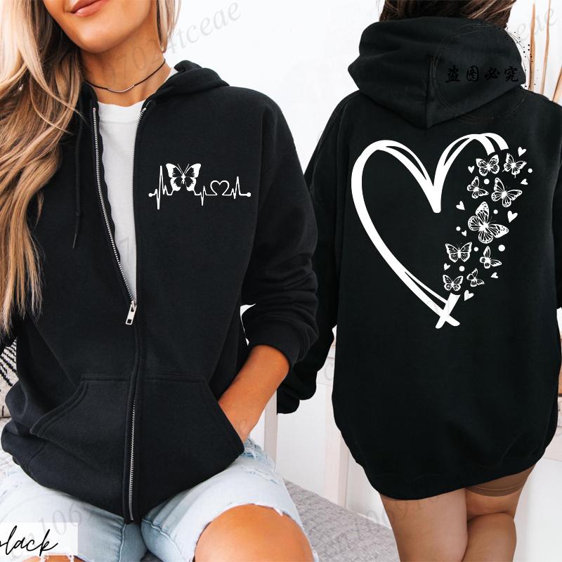New Fashion Zipper Hooded Hoodie Clothes Butterfly Heart Printed Fashion Sweatshirts Casual Fashion Zip Up Jackets Coat Tops
