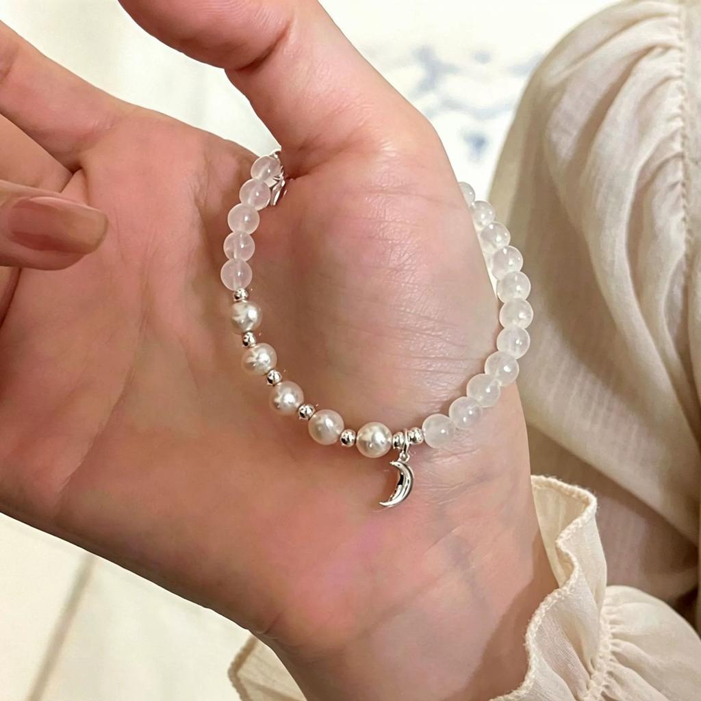 VENTFILLE 925 Sterling Silver Star Love Heart Pendant Round Bead Pearl Bracelet For Girls Sweet Romantic Style Gifts For Lovers