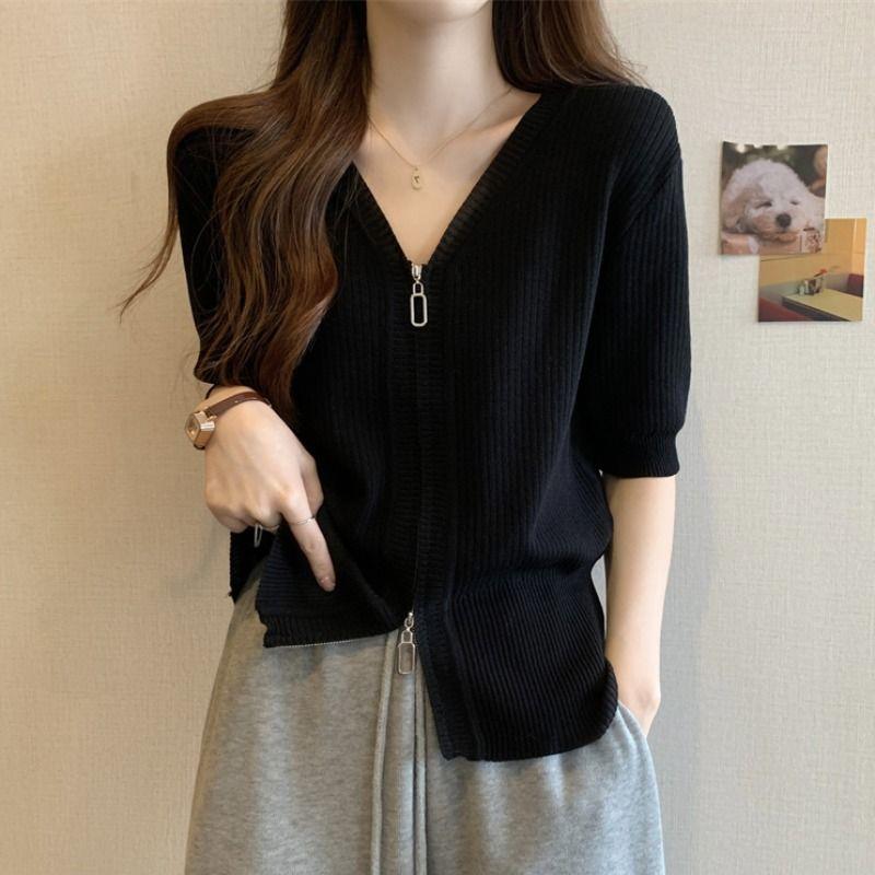 

Plus Size K-style Belly Covering Ice Silk Short Sleeve Knitting T-shirt Female Summer Fat Sister Slimming Zipper Shoulder Bottoming Shirt Black-Short Sleeve 2XL