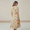 Summer V-neck Puffed Sleeve Single-breasted with A Cinched Waist Print Mid-length Short-sleeved Dress