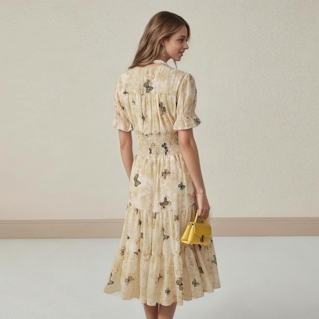 Summer V-neck Puffed Sleeve Single-breasted with A Cinched Waist Print Mid-length Short-sleeved Dress
