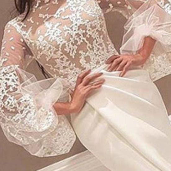See-through Turtleneck Evening Dress High Waist High Split Hem Puff Sleeve Woman Gown Ladies Clothing