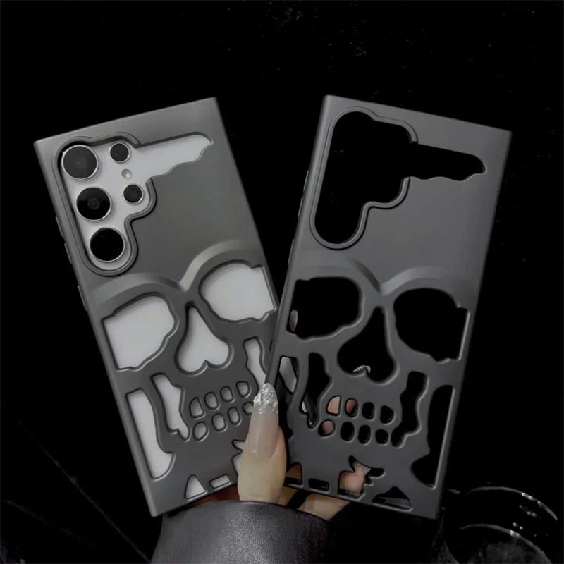 3D Matte Metallic Color Hollow Out Skull Hard Phone Case For Samsung Galaxy S23 S25 Ultra S23 S24 Plus Shockproof Cover