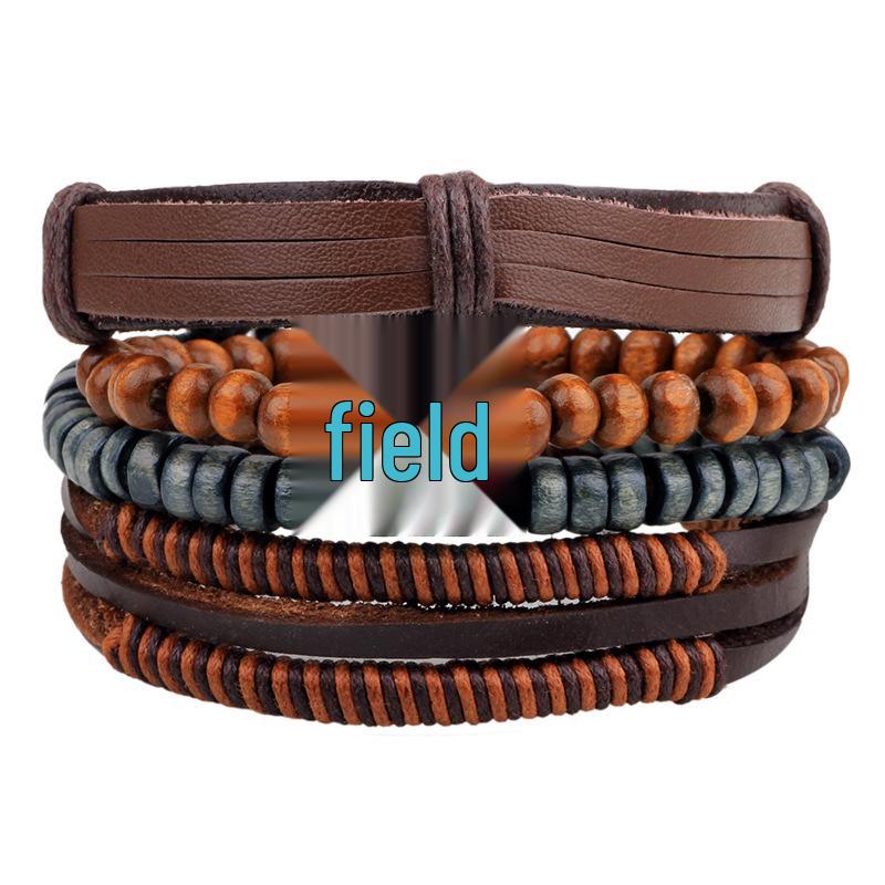 Men's Retro Multi-Strand Cowhide Anchor Bracelet Set with Wood Beads