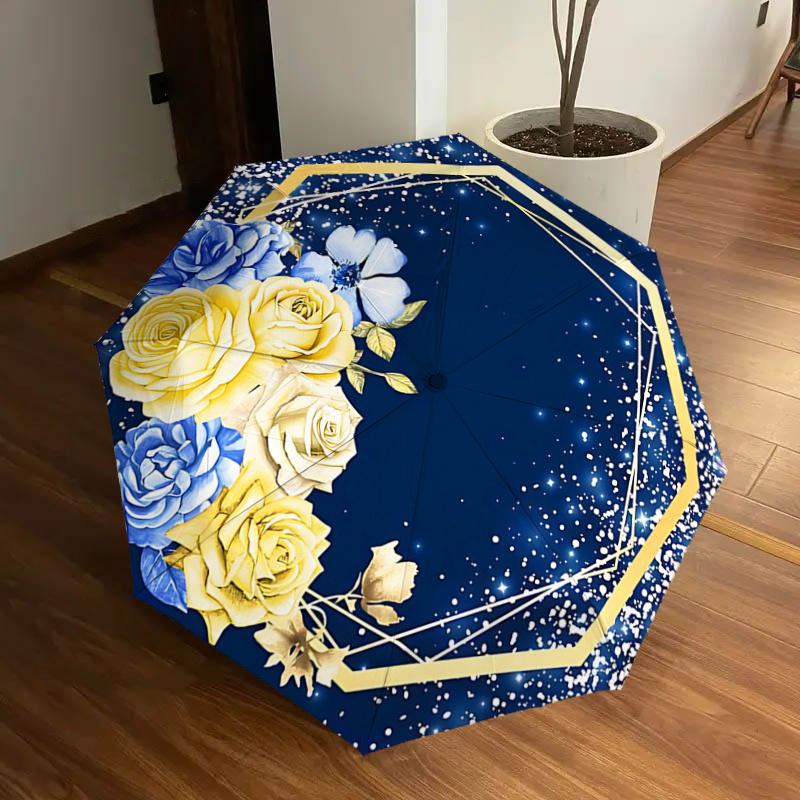 

Golden Hexagon Frame with Blue and Yellow Flowers - Auto Open Close Umbrella, Portable Tri-Fold Design, 8-Bone Iron Frame Outdoor Umbrella,