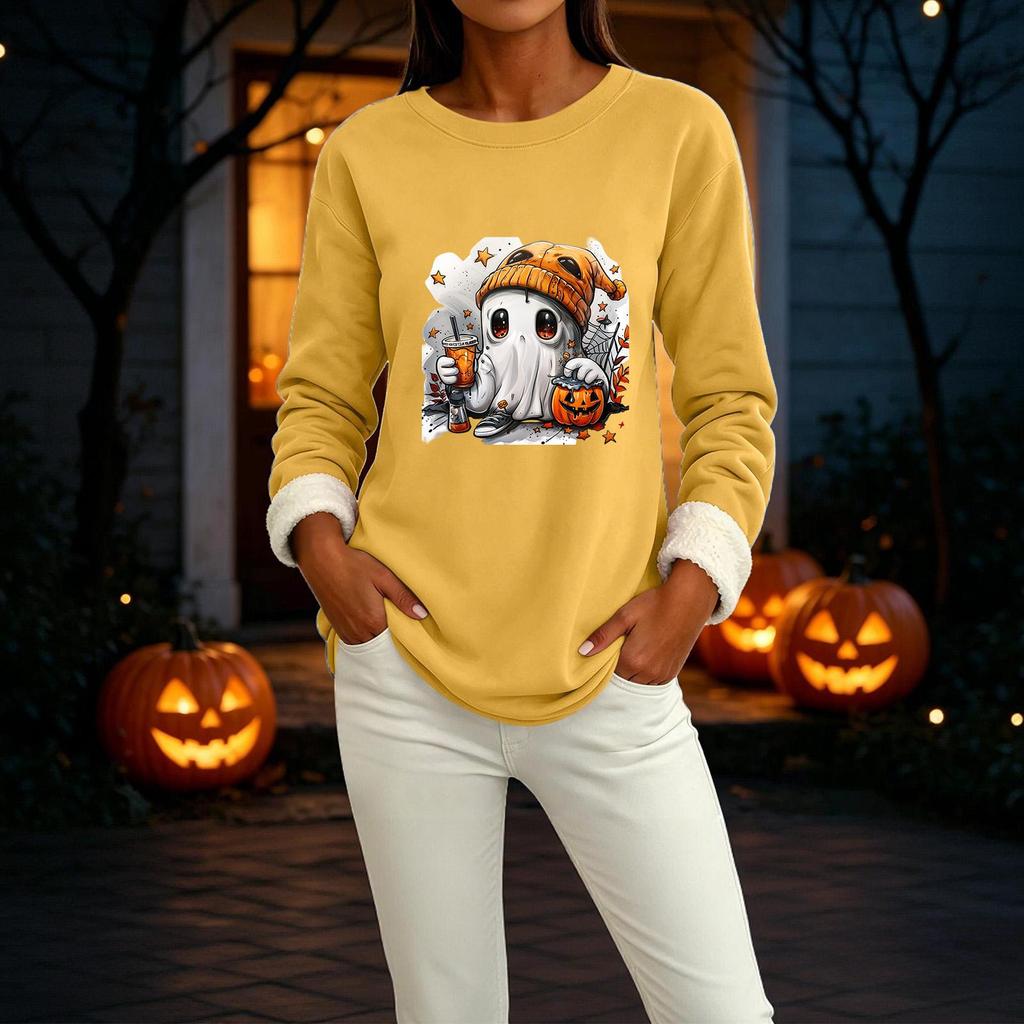Women's Lined Long Sleeve Neck Halloween Print Top