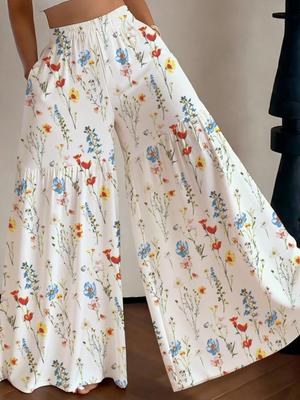 European and American Floral Print Wide Leg Women's Pants - Flowy, Versatile, Loose Waist Bell Bottoms