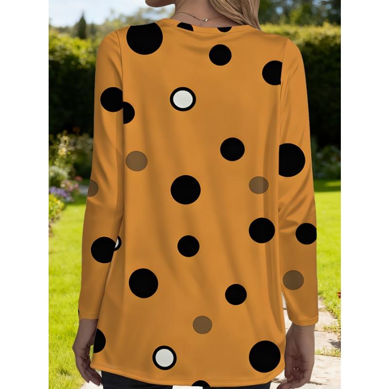 Women's plus size retro polka dot long-sleeved loose top with pockets for women, versatile, casual and slim style