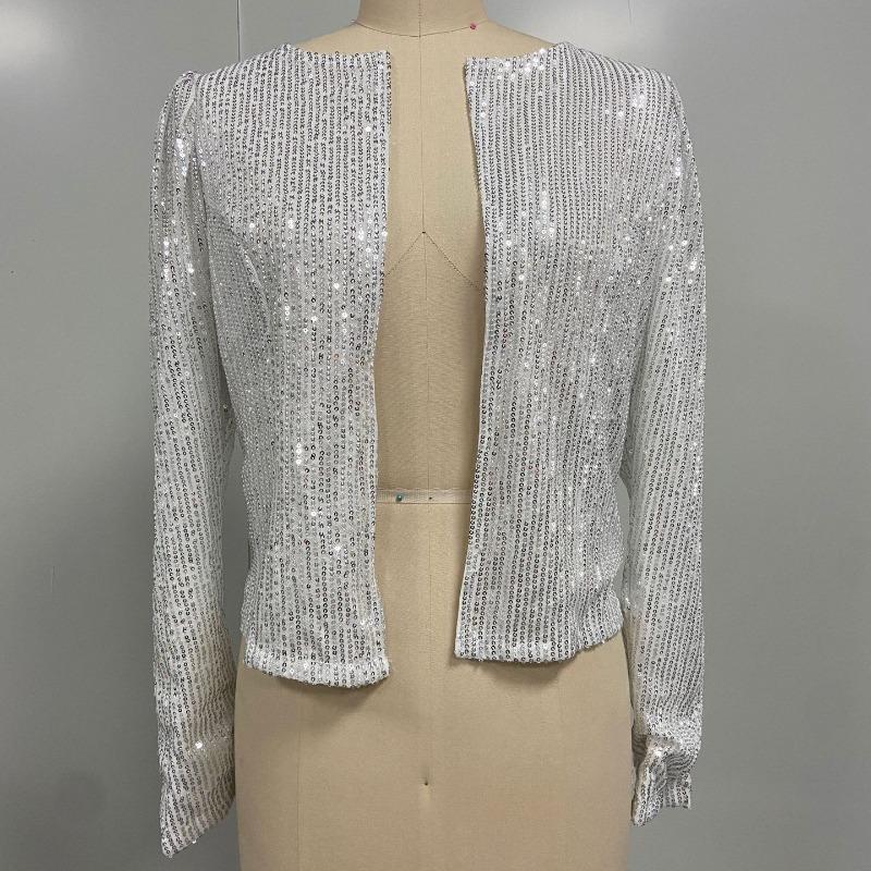 Fashion Stand Collar Solid Sequin Jacket Women Autumn Long Sleeve Loose Short Casual Jackets Ladies Elegant Round Neck Plus Size Coats Women Top 25189