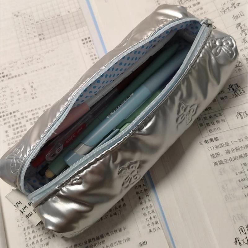 Silver Ballet Style Cute Bow Large Capacity Pencil Case Student Stationery Study Supplies Back To School Kawaii Bag