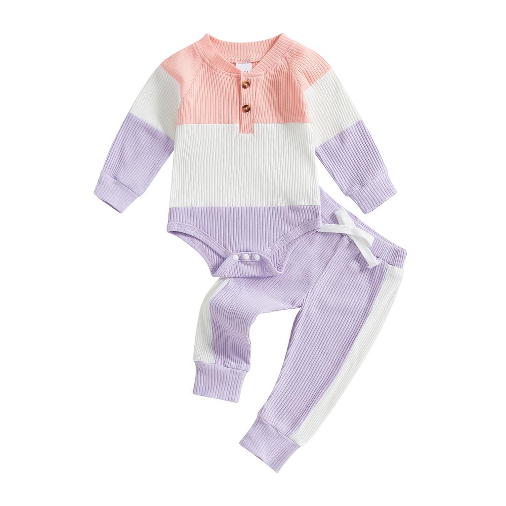 Baby Girl Fall Outfits Ribbed Contrast Color Long Sleeve Romper Long Pants 2Pcs Clothes Set