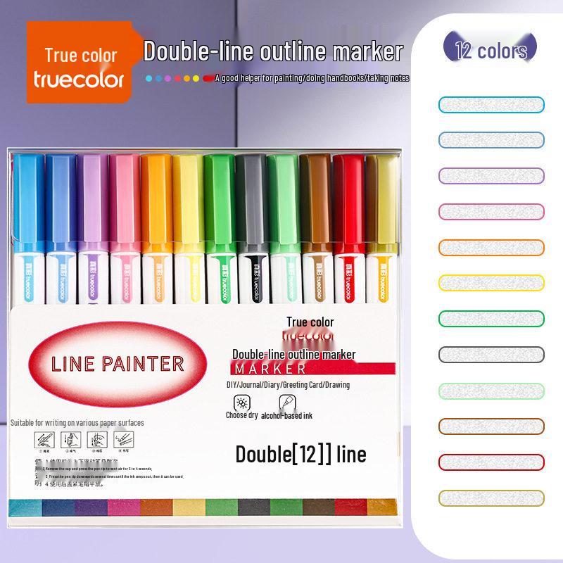 True Color Outline Pen: Dual-Line, Glitter, Black Journal & Border Art Tool.