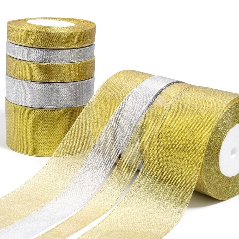 DIY 5 Rolls Satin Ribbon Glitter Gold Silver Gift Packaging Ribbon Organza Ribbon Craft Supplies